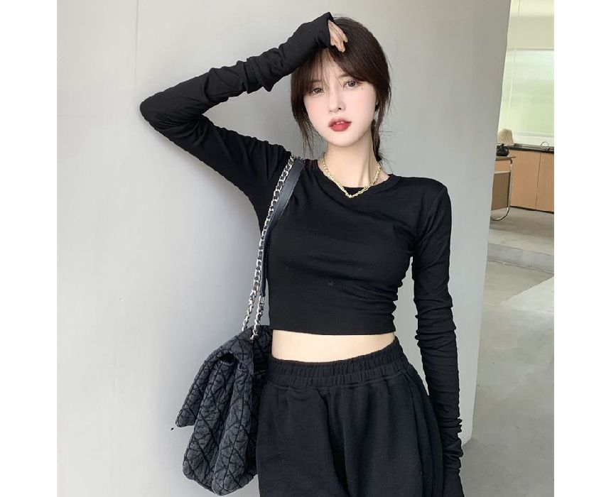 Crop Tee Round Long-Sleeve Fit Neck Plain Slim