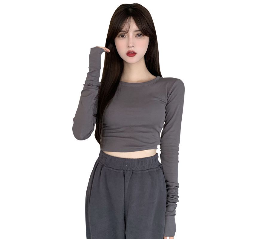 Crop Tee Round Long-Sleeve Fit Neck Plain Slim