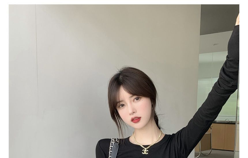 Crop Tee Round Long-Sleeve Fit Neck Plain Slim