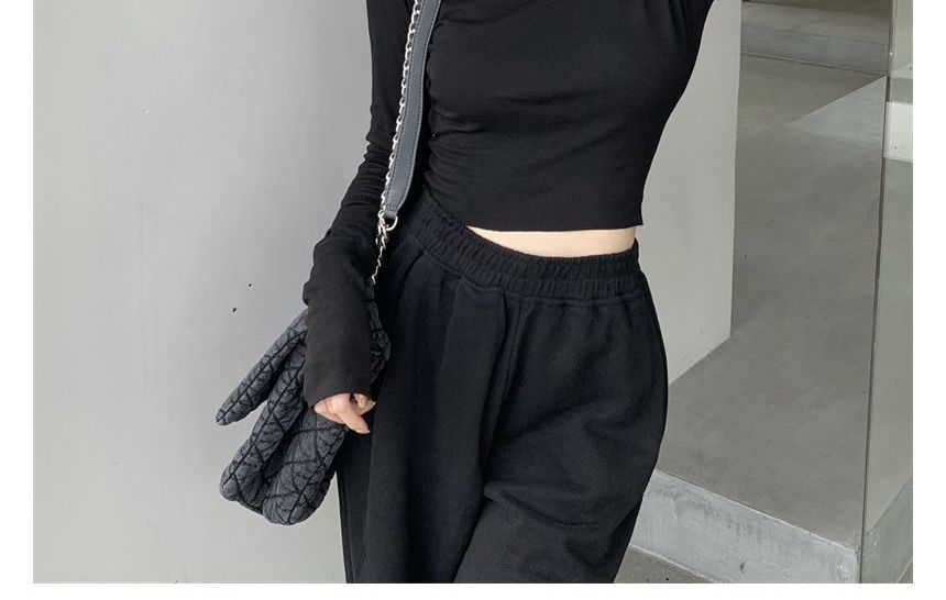 Crop Tee Round Long-Sleeve Fit Neck Plain Slim
