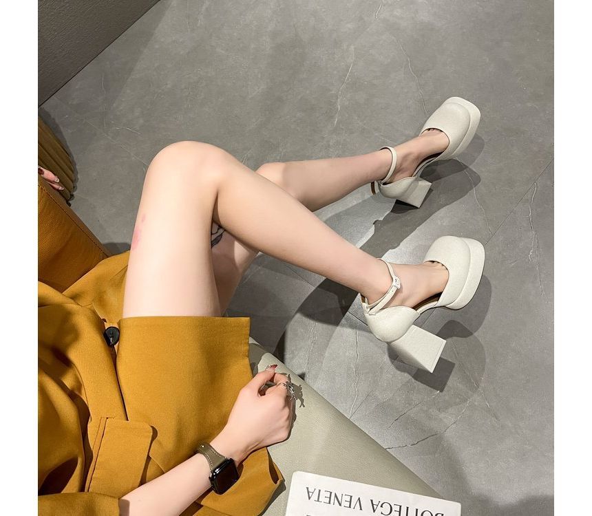 Square-Toe Ankle Block-Heel Pumps Strap