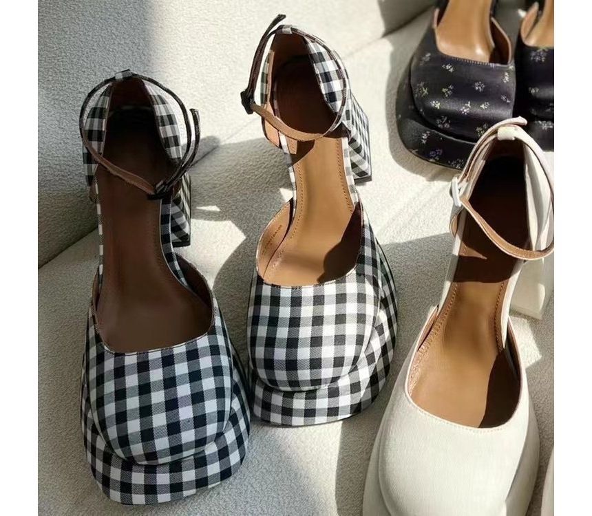 Square-Toe Ankle Block-Heel Pumps Strap