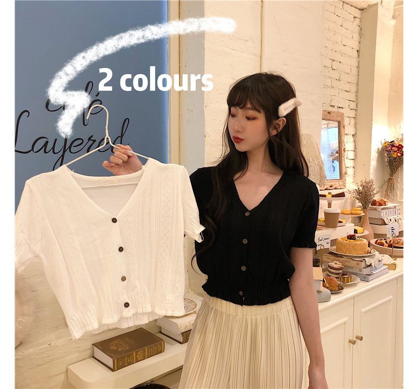 Perforated Top Knit Button-Up Short-Sleeve V-Neck