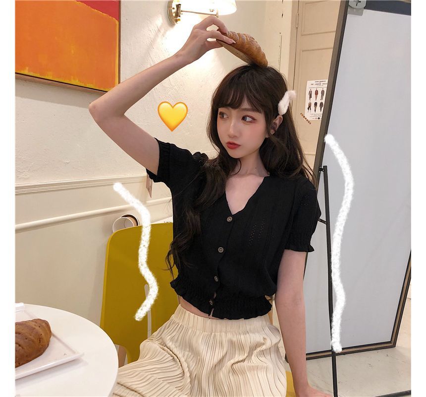 Perforated Top Knit Button-Up Short-Sleeve V-Neck