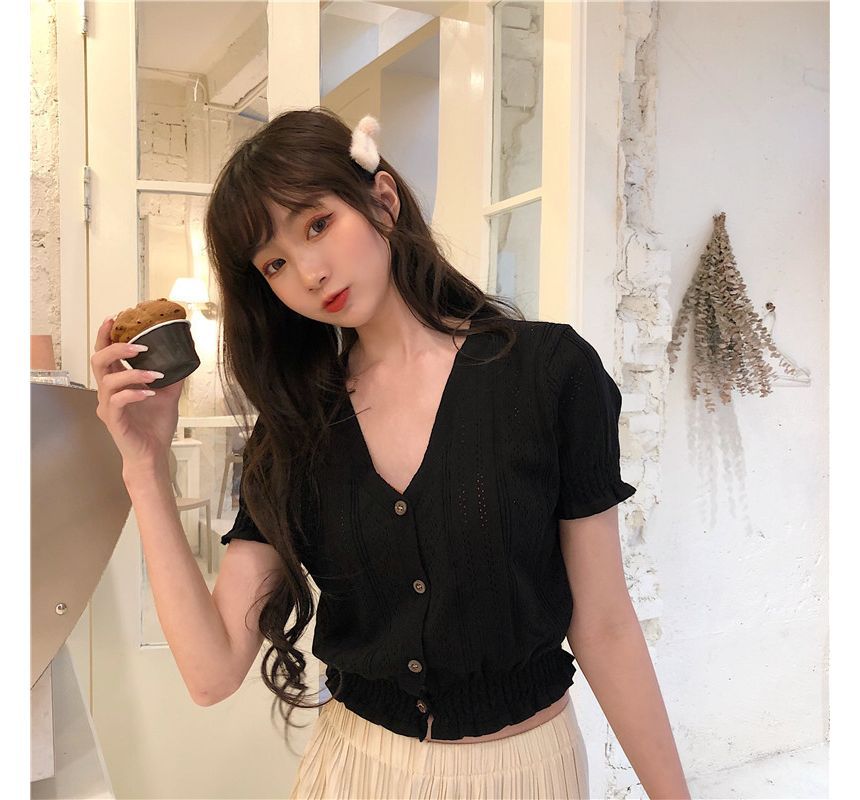 Perforated Top Knit Button-Up Short-Sleeve V-Neck