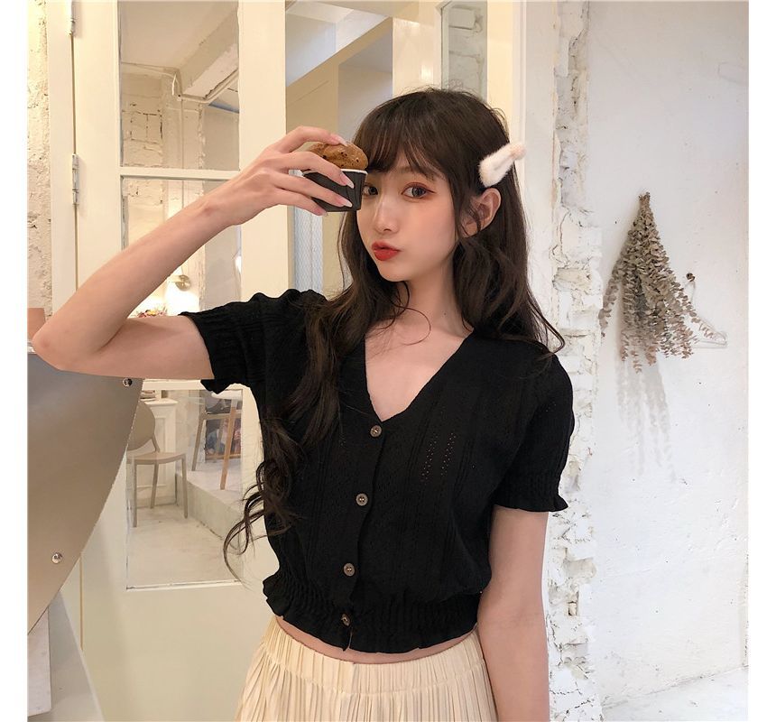 Perforated Top Knit Button-Up Short-Sleeve V-Neck