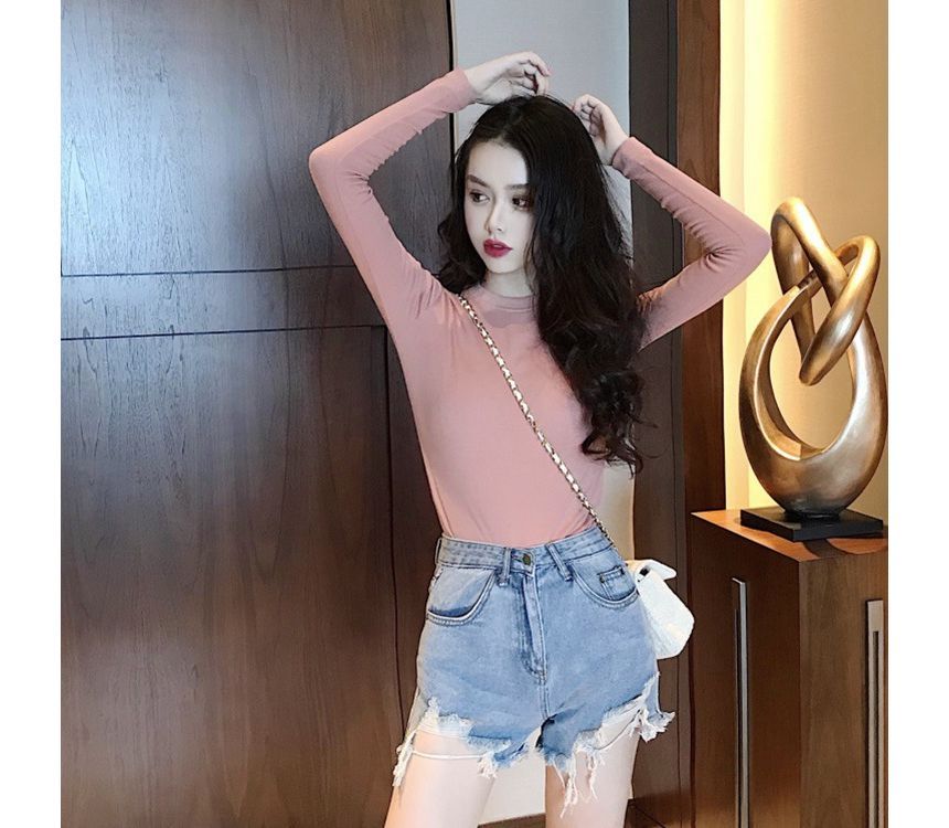 Neck Round Plain Long-Sleeve Tee