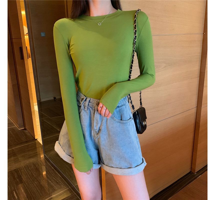 Neck Round Plain Long-Sleeve Tee