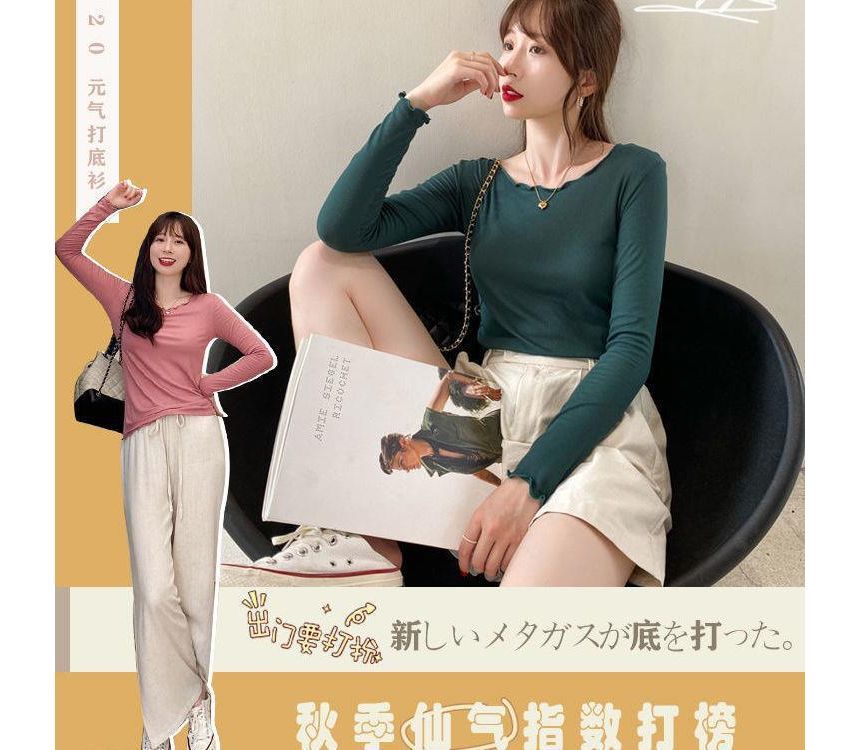Tee Neck Scoop Lettuce Edge Plain Ribbed Long-Sleeve