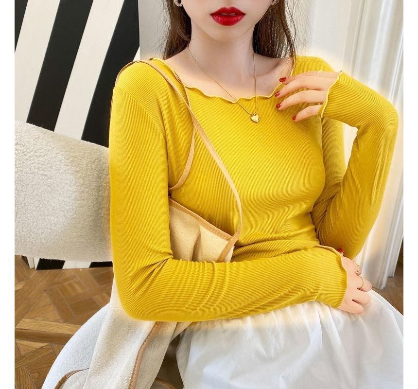 Tee Neck Scoop Lettuce Edge Plain Ribbed Long-Sleeve