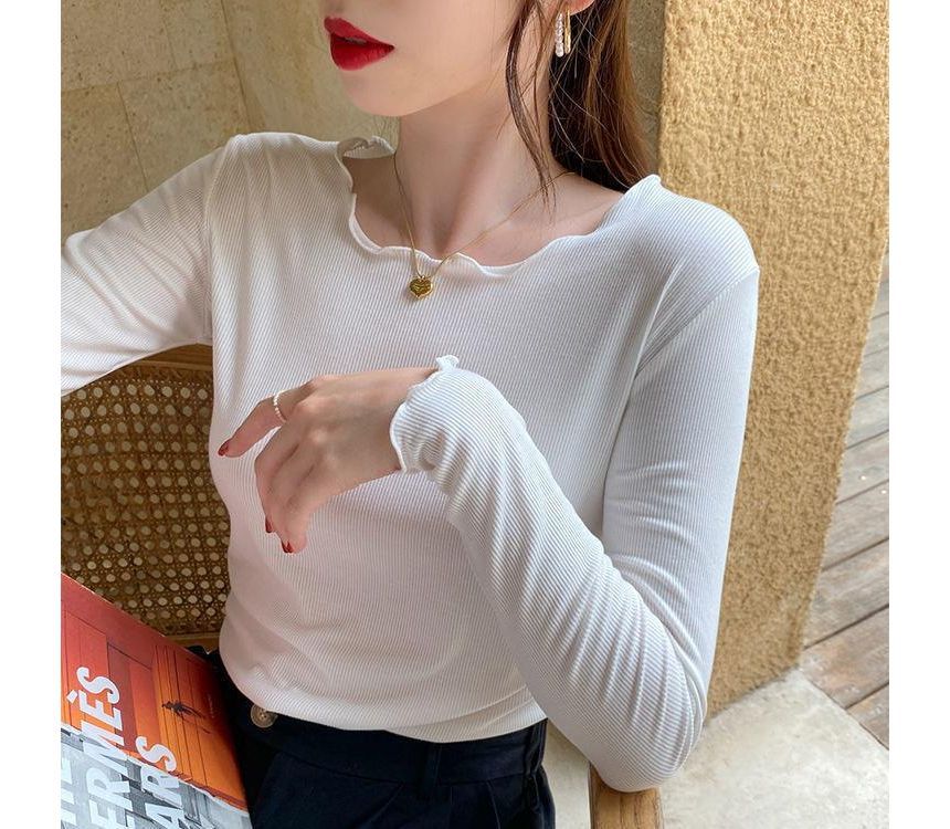 Tee Neck Scoop Lettuce Edge Plain Ribbed Long-Sleeve