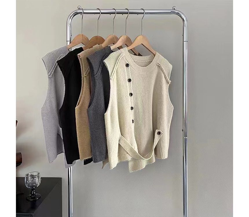 Hem Button-Up Crew Asymmetrical Plain Neck Vest Sweater