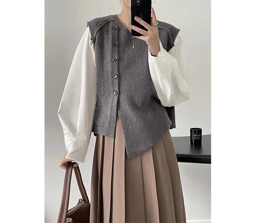 Hem Button-Up Crew Asymmetrical Plain Neck Vest Sweater