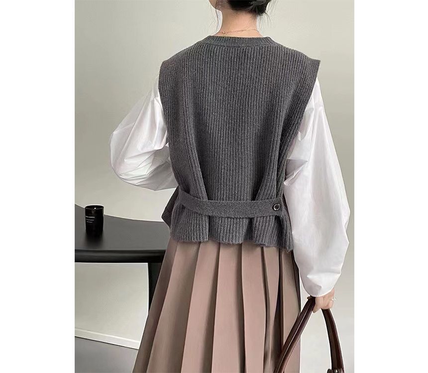 Hem Button-Up Crew Asymmetrical Plain Neck Vest Sweater