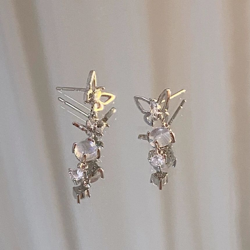 Dangle Earring Alloy Butterfly Asymmetrical Moonstone