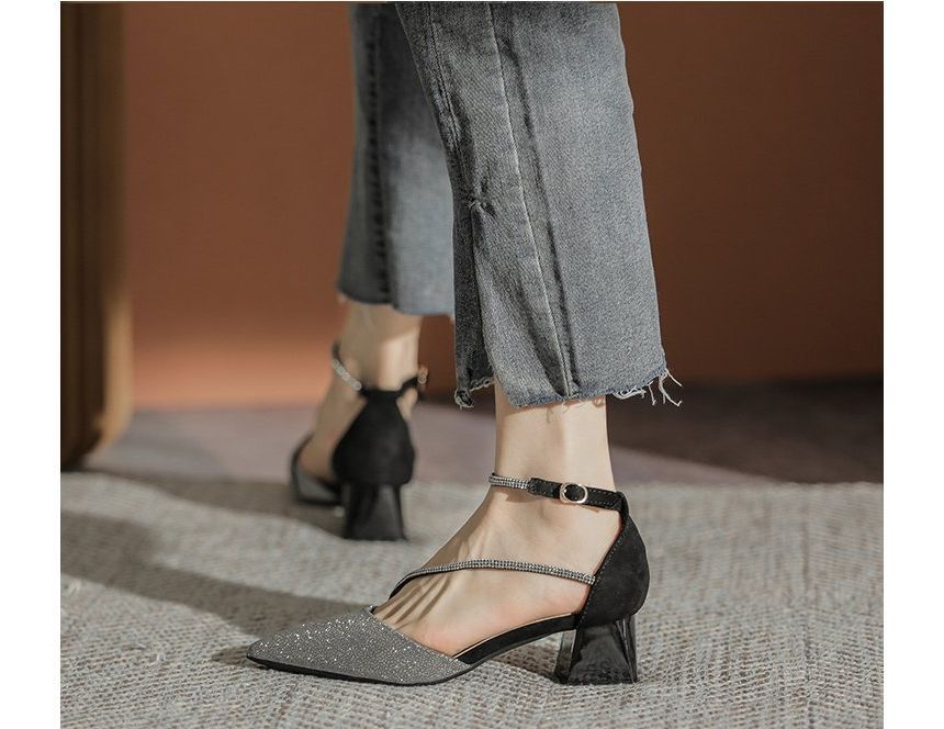 Block Pointy Rhinestone Sandals Heel