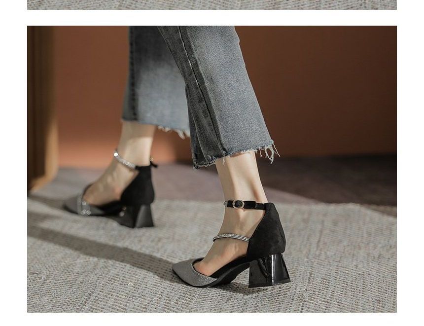 Block Pointy Rhinestone Sandals Heel