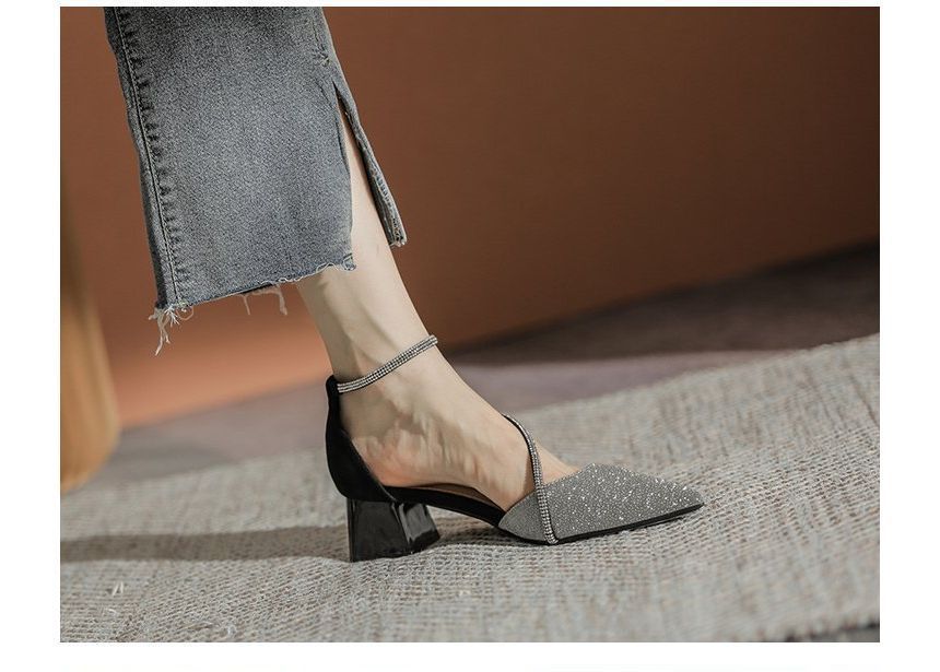 Block Pointy Rhinestone Sandals Heel
