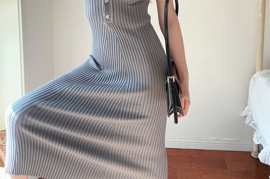 Short-Sleeve Midi Plain Knit Sheath Polo Dress