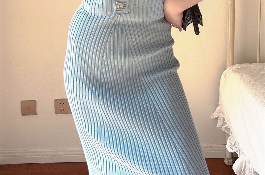 Short-Sleeve Midi Plain Knit Sheath Polo Dress