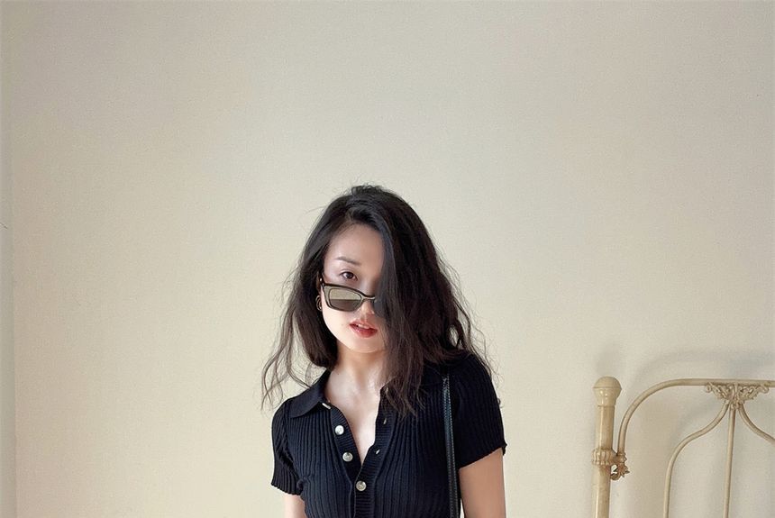 Short-Sleeve Midi Plain Knit Sheath Polo Dress