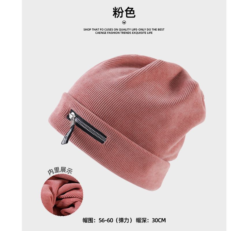 Sample Zip Detail Ribbed Beanie