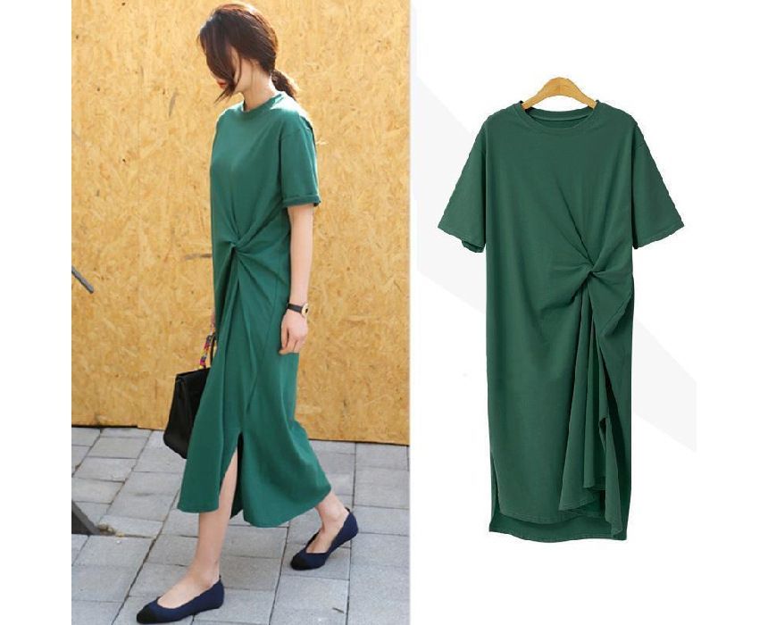 Neck Crew T-Shirt Plain Twist Dress Midi Short-Sleeve