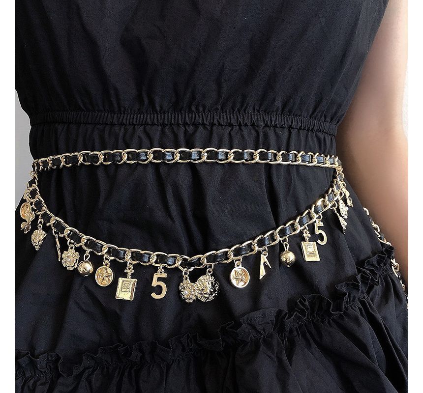 Faux Leather Layered Chain Waist Alloy Fringed Belt