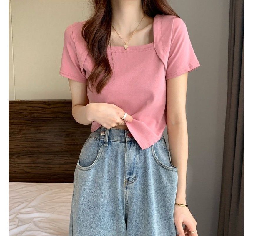 T-Shirt Cropped Neck Square Irregular Short-Sleeve