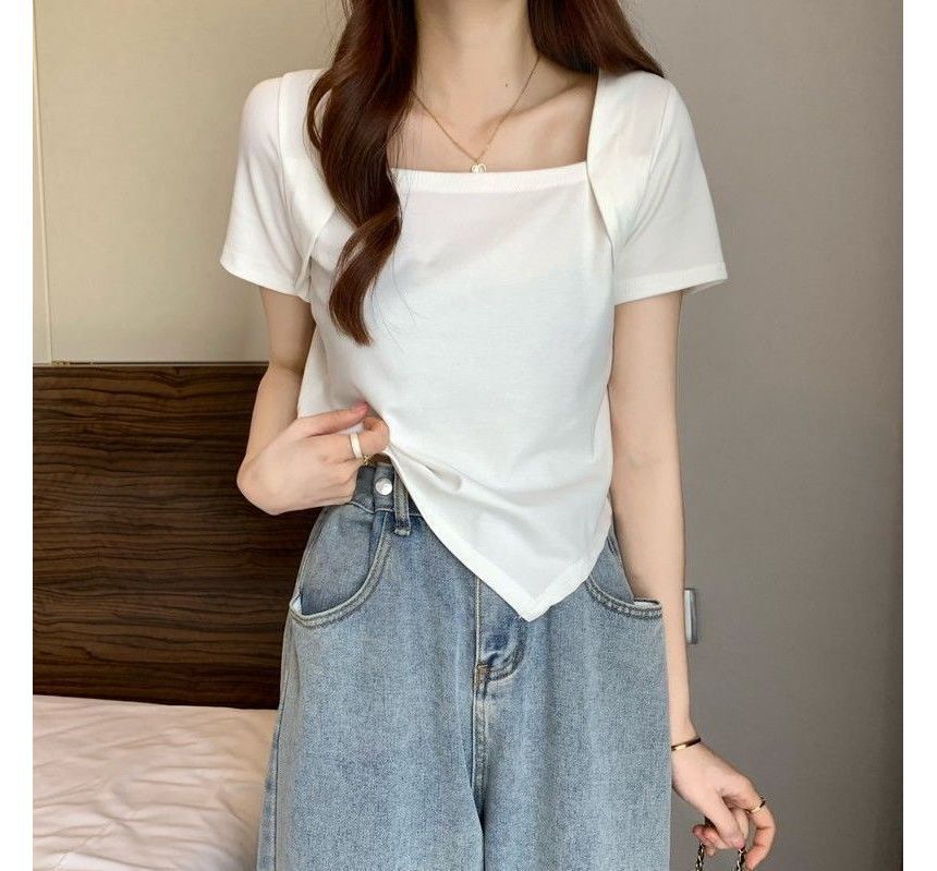 T-Shirt Cropped Neck Square Irregular Short-Sleeve