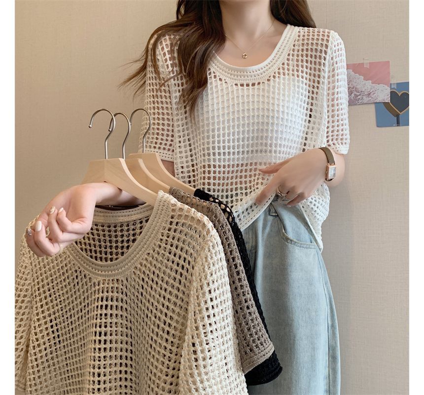 Short-Sleeve Perforated Top Knit