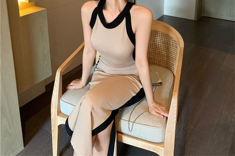 Two-Tone Dress Midi Sleeveless Slim-Fit