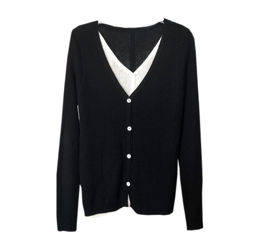 Tone Two Mock Long-Sleeve Two-Piece V-Neck Top Knit Button-Up