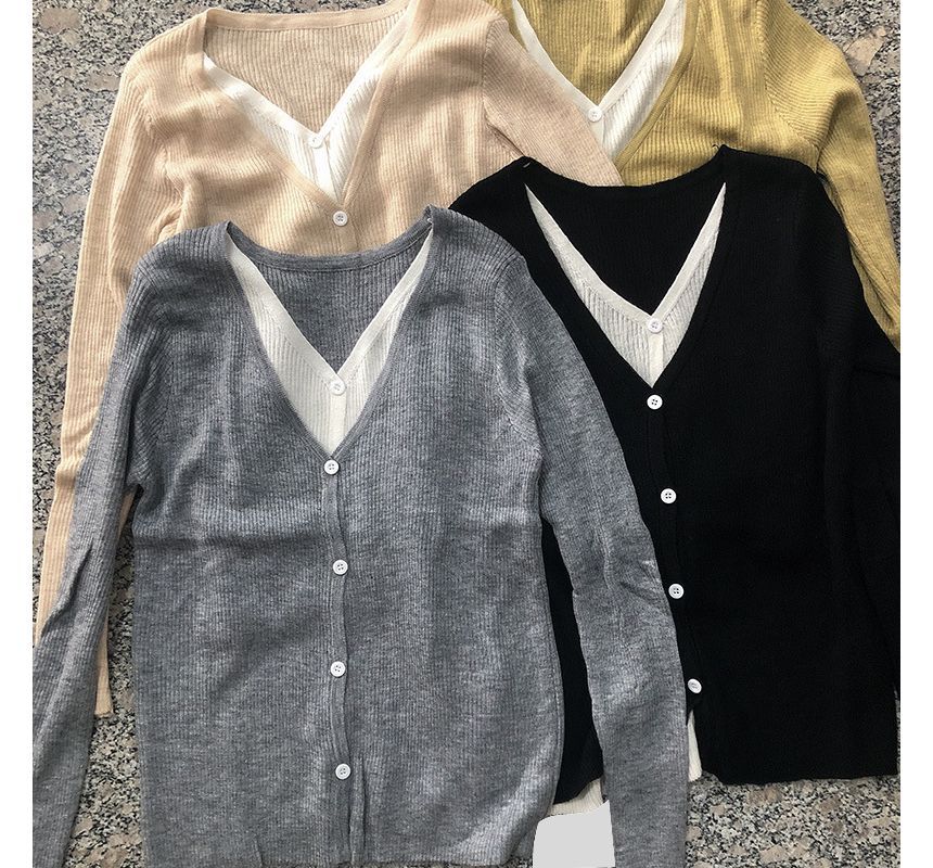 Tone Two Mock Long-Sleeve Two-Piece V-Neck Top Knit Button-Up