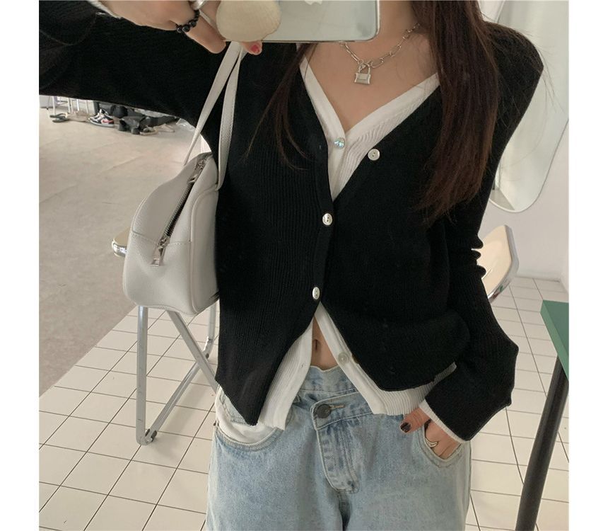 Tone Two Mock Long-Sleeve Two-Piece V-Neck Top Knit Button-Up