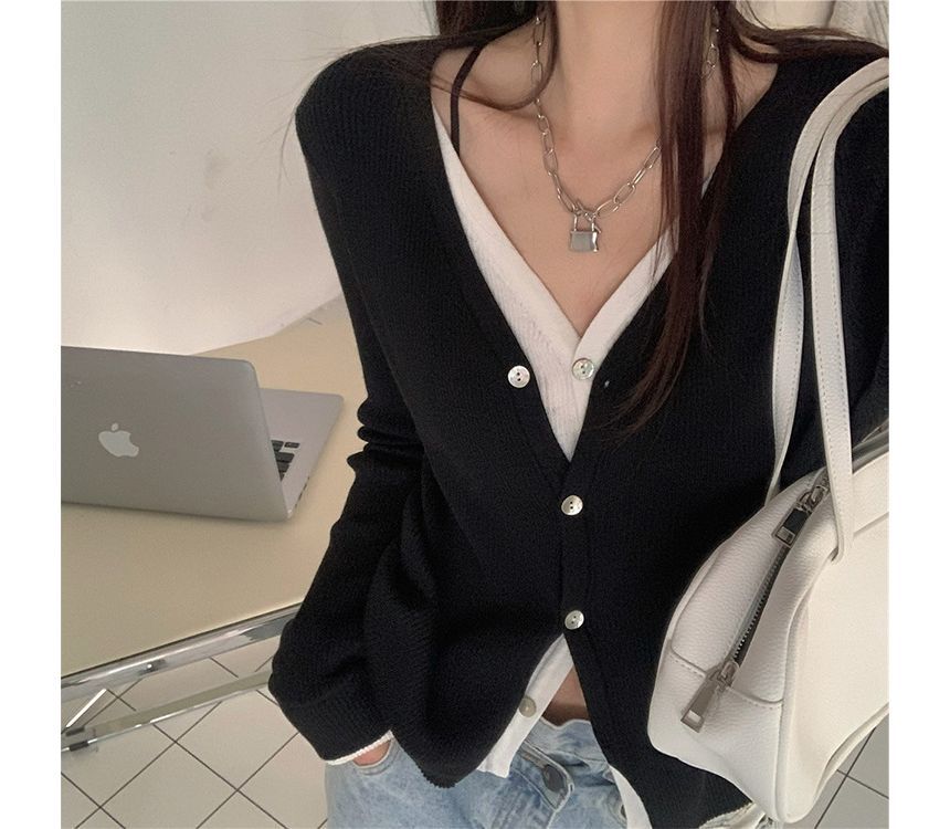 Tone Two Mock Long-Sleeve Two-Piece V-Neck Top Knit Button-Up