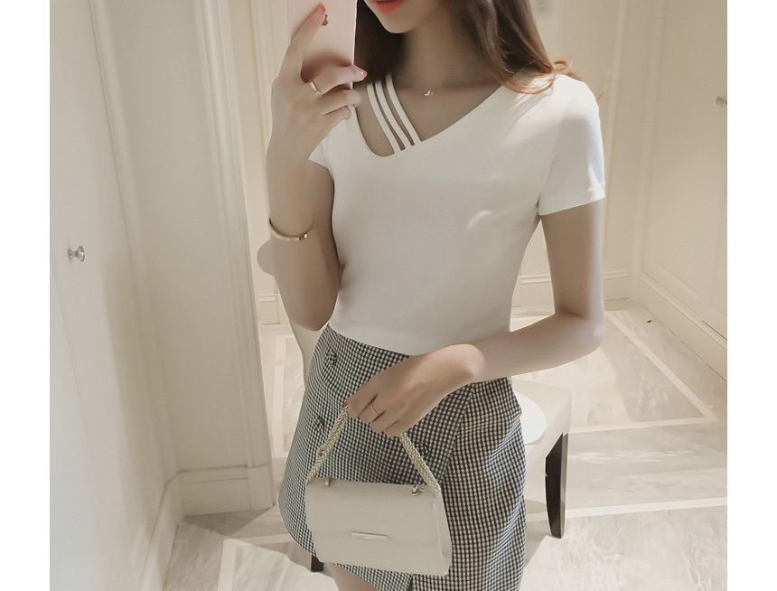 V-Neck Asymmetrical Short-Sleeve Strappy Plain Tee