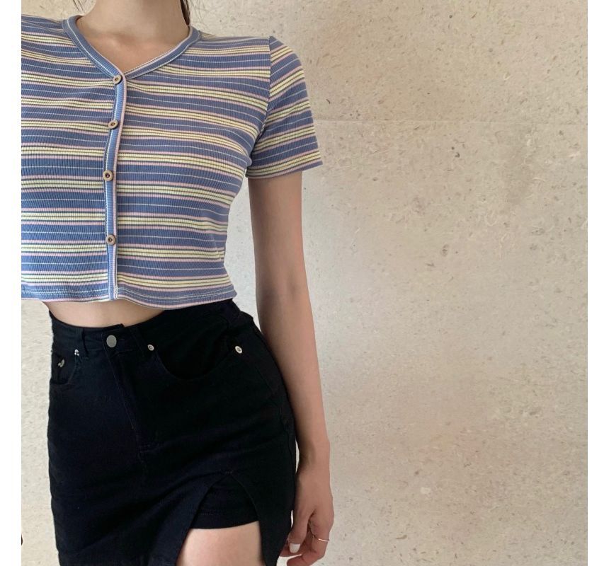 Striped Short-Sleeve Crop Button-Up Tee V-Neck