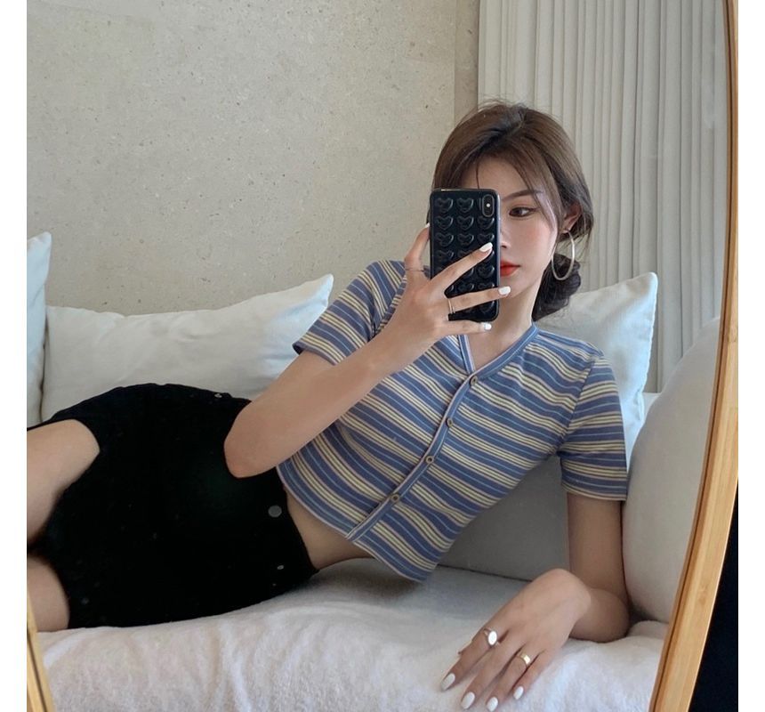 Striped Short-Sleeve Crop Button-Up Tee V-Neck