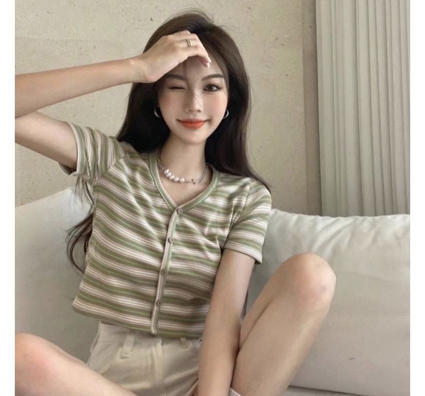 Striped Short-Sleeve Crop Button-Up Tee V-Neck