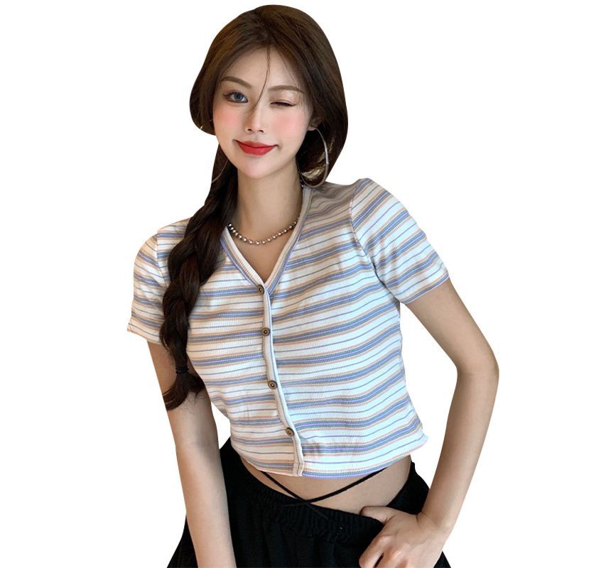 Striped Short-Sleeve Crop Button-Up Tee V-Neck