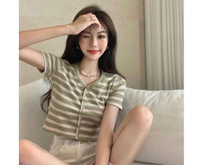 Striped Short-Sleeve Crop Button-Up Tee V-Neck