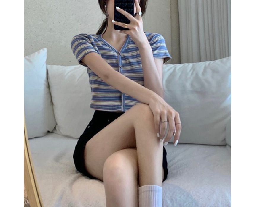 Striped Short-Sleeve Crop Button-Up Tee V-Neck