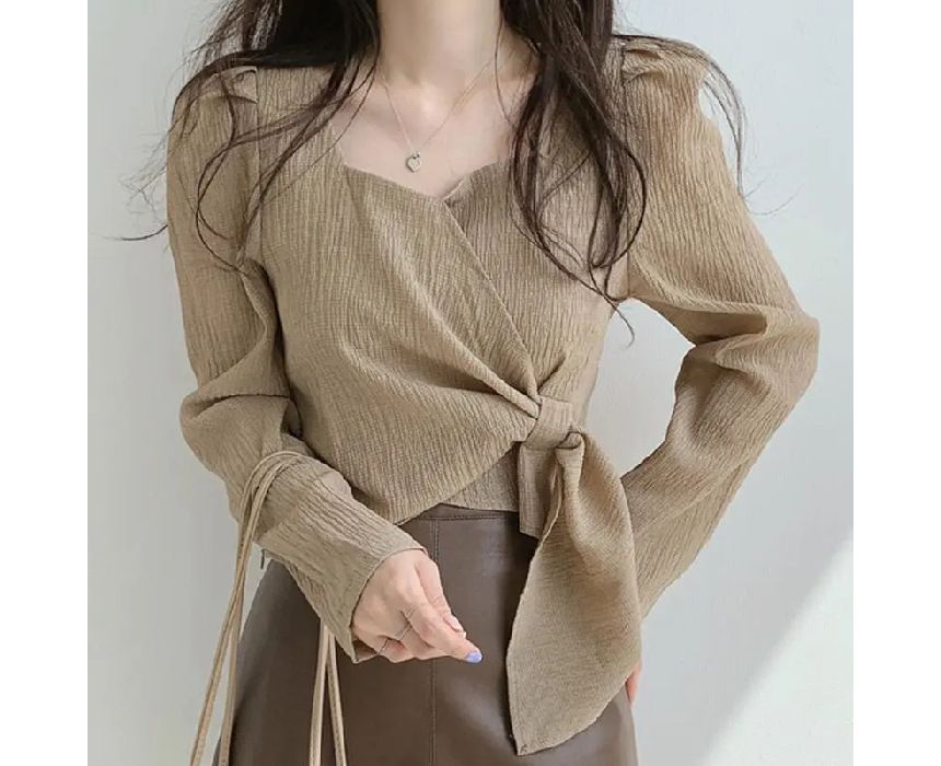 Blouse Sweetheart-Neckline Puff-Sleeve Plain Tie-Side