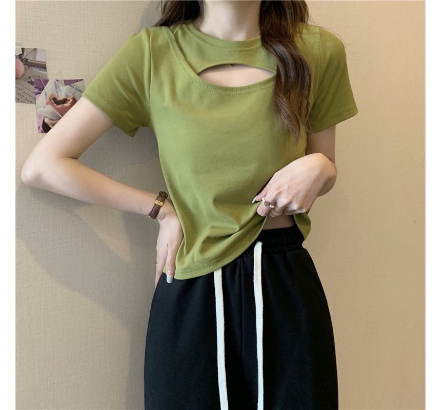 Neck T-Shirt Cut Out Plain Crew Short-Sleeve