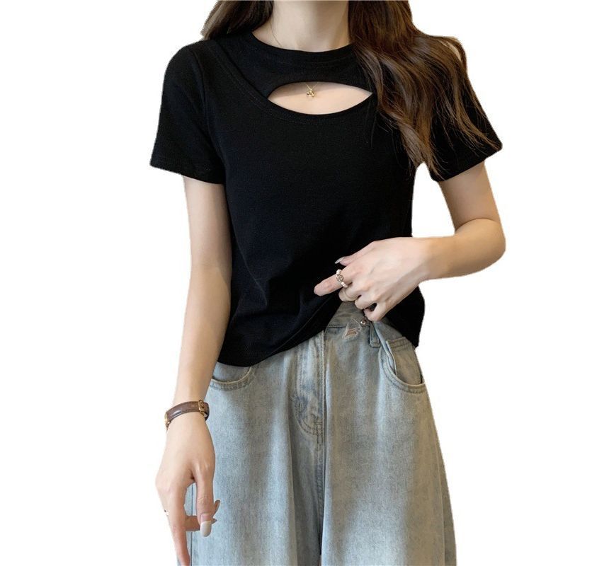 Neck T-Shirt Cut Out Plain Crew Short-Sleeve