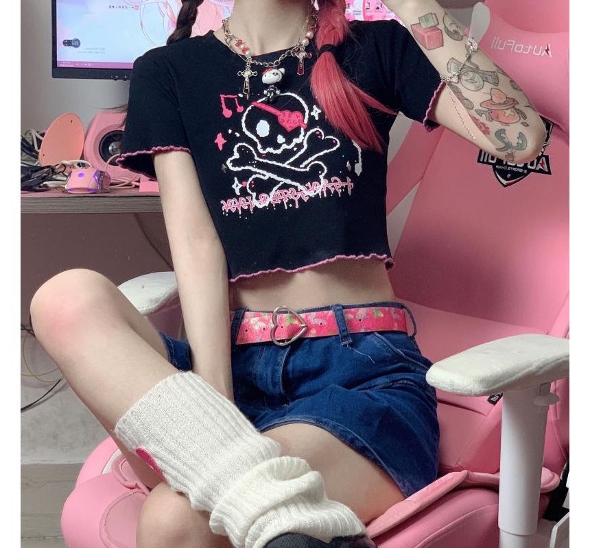 Trim Crop Tee Crew Short-Sleeve Neck Contrast Skull Print