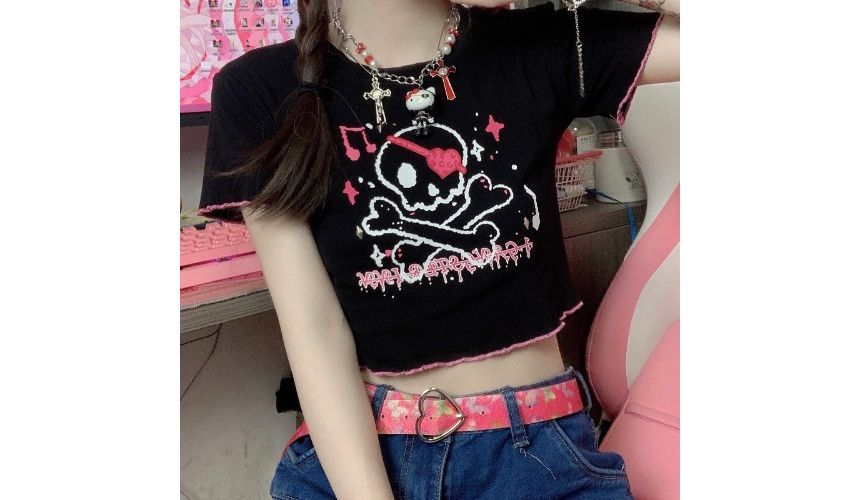 Trim Crop Tee Crew Short-Sleeve Neck Contrast Skull Print