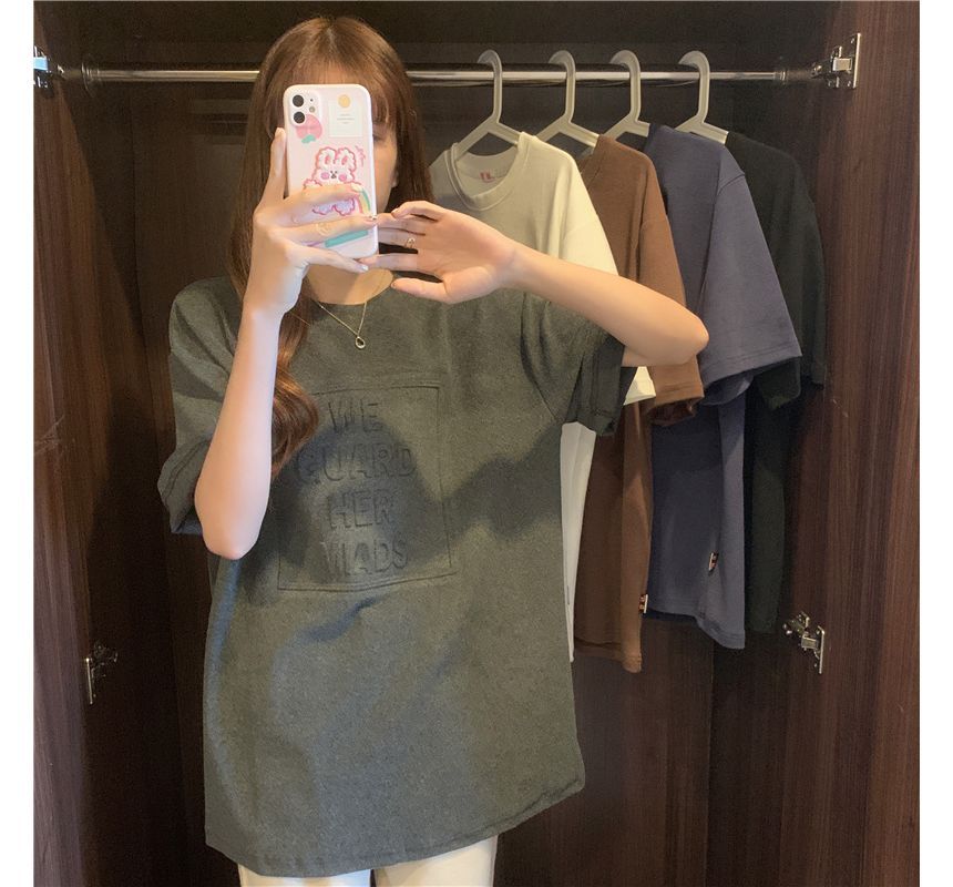 Elbow-Sleeve Embossed Neck Lettering Tee Plain Oversized Crew