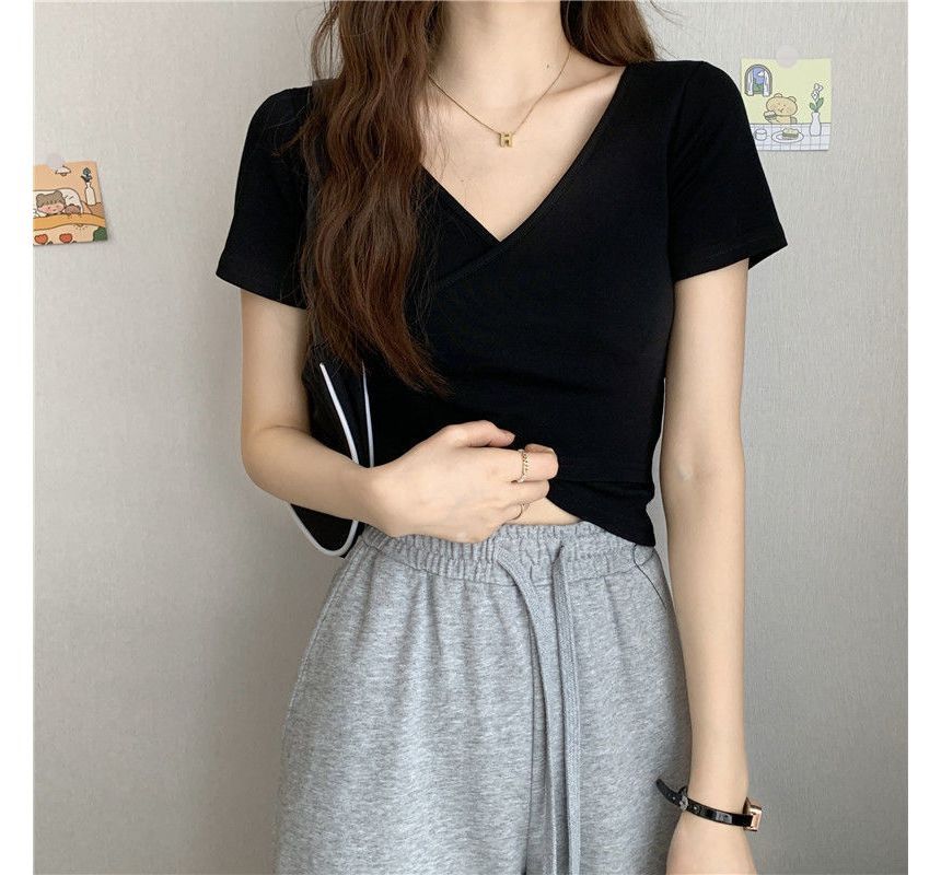 Short-Sleeve T-Shirt Plain V-Neck Wrap Crop